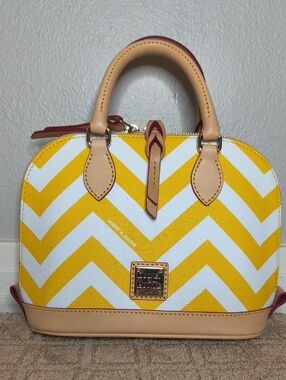 Dooney & Bourke Yellow and White Chevron Dome Satchel with Tan Trim